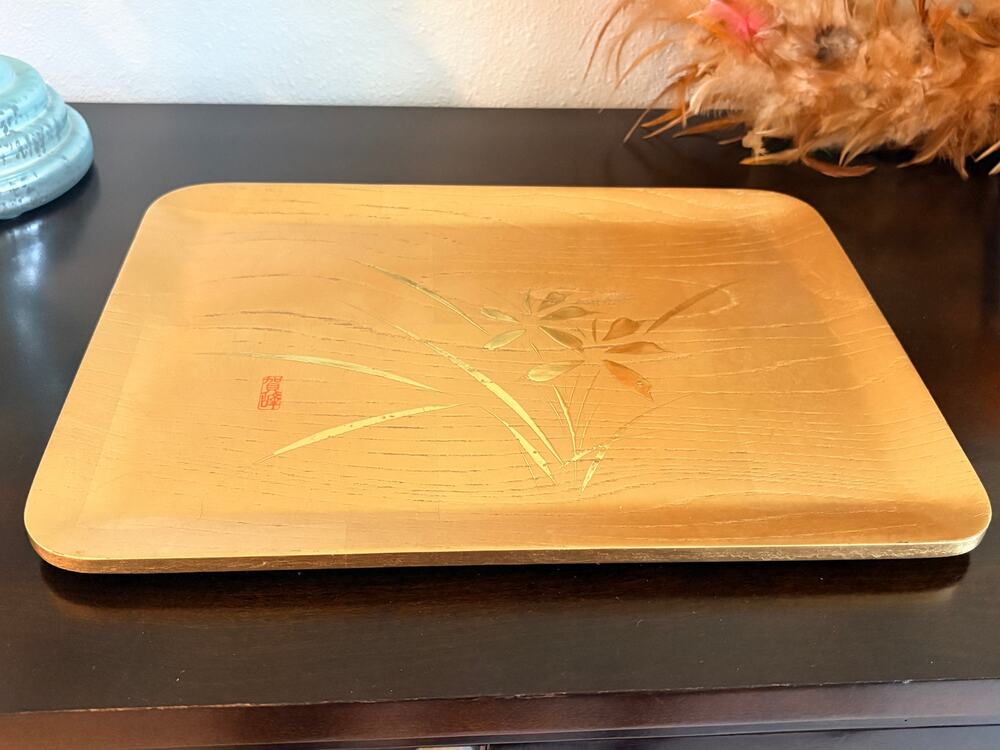 Vtg Japanese Gold & Black Lacquer Serving Tray Floral Bamboo 13" x 10" Japandi